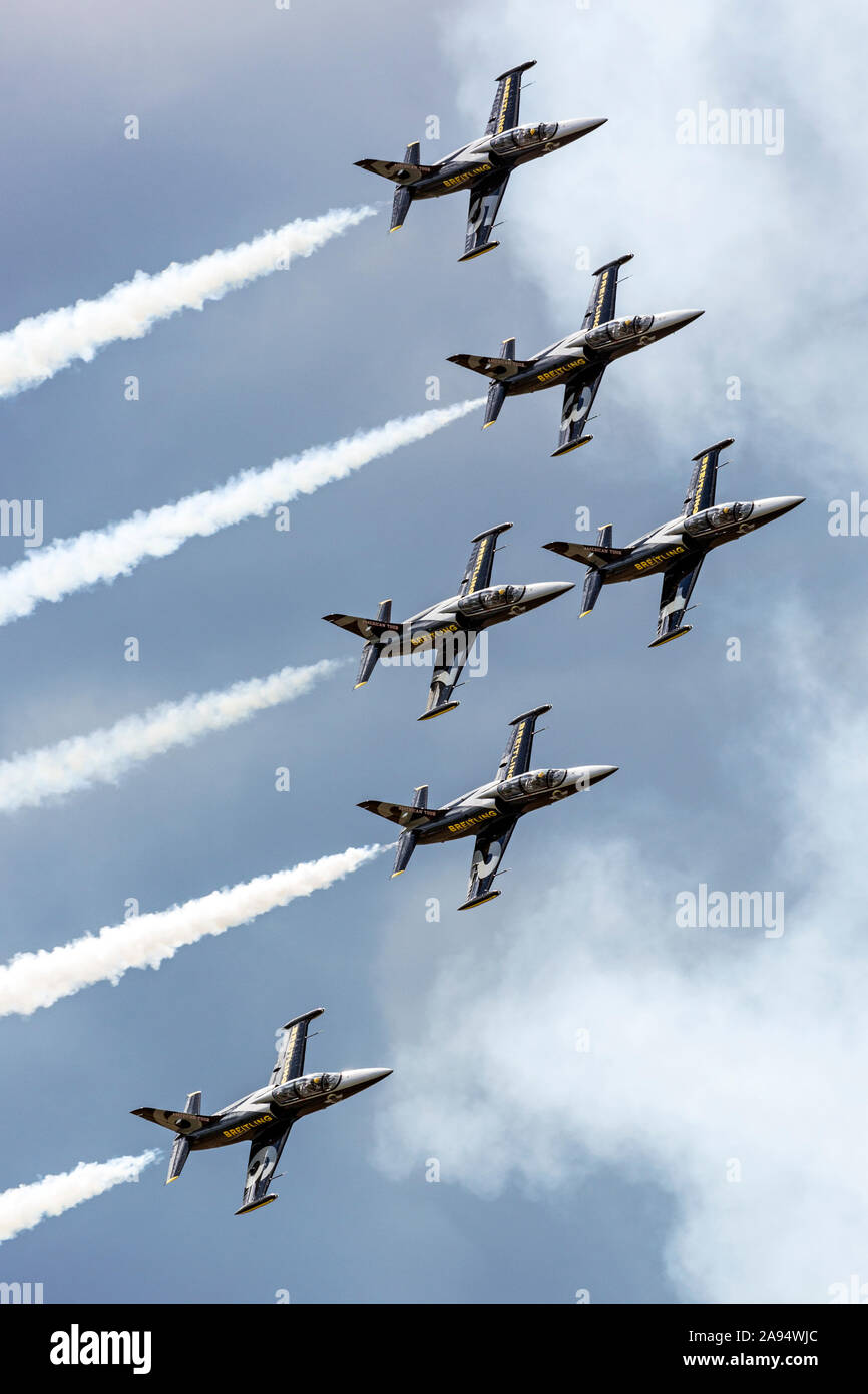 The Breitling Jet Team performing at the 2016 Thunder Over Michigan Airshow in their formation of L-39 Albatros. Stock Photo