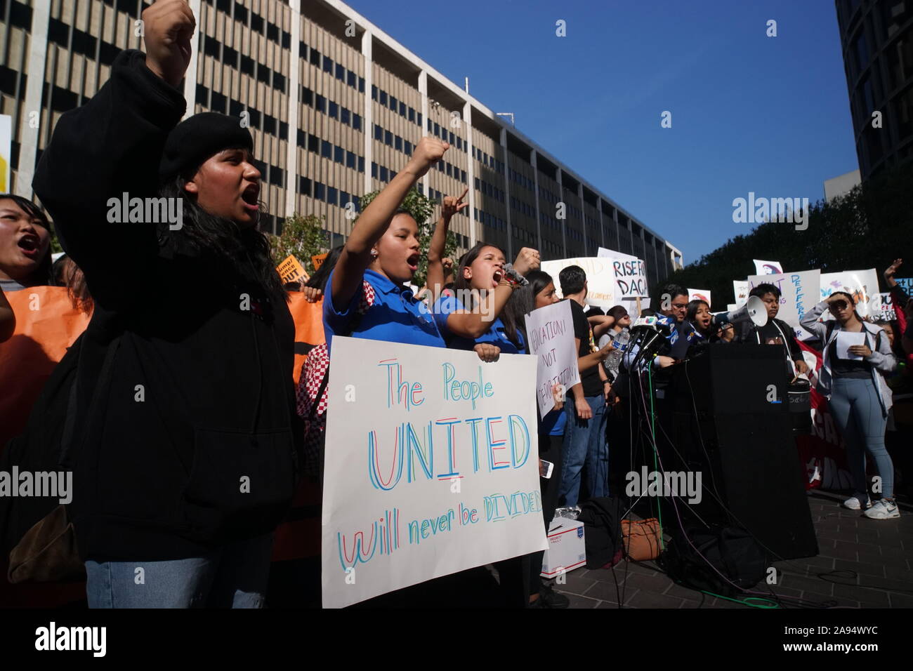 Los Angeles, California, USA, 12th Oct, 2019.Hundreds of  Los Angeles student Protests President Trump's decision to repeal DACA policy. Stock Photo