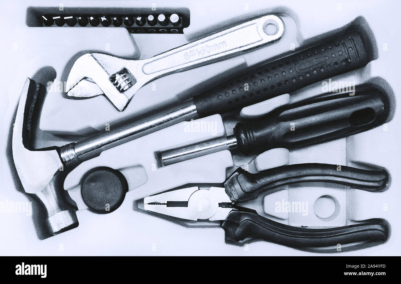 toolbox with its standard tools Stock Photo Alamy