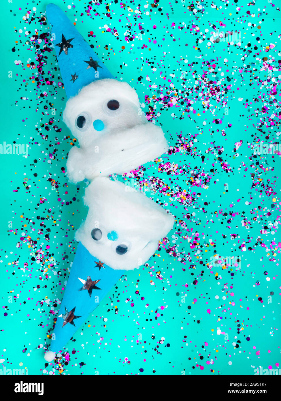 Christmas beautiful homemade snowmans on festive neo mint trendy color