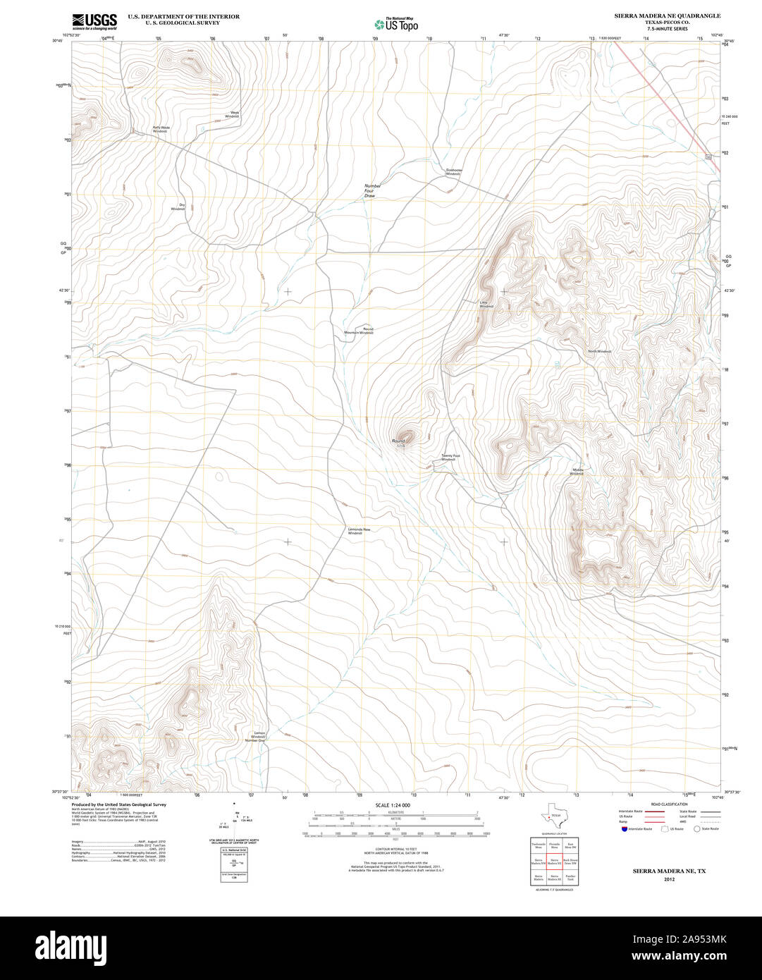 USGS TOPO Map Texas TX Sierra Madera NE 20121204 TM Restoration Stock Photo