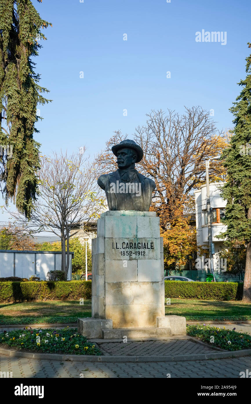 The commemorative statue of one of the greatest drama player writer in Romanian culture , Ion Luca Caragiale in Ploiesti ,Romania Stock Photo