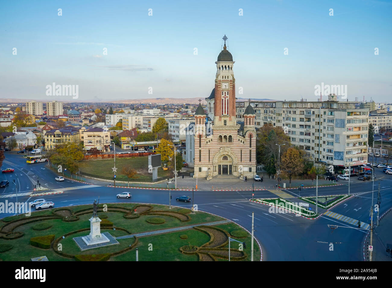 Saint John the Baptist Orthodox Cathedral in Ploiesti City , Romania with the main boulevard and roundabout , elevated view , city center Stock Photo