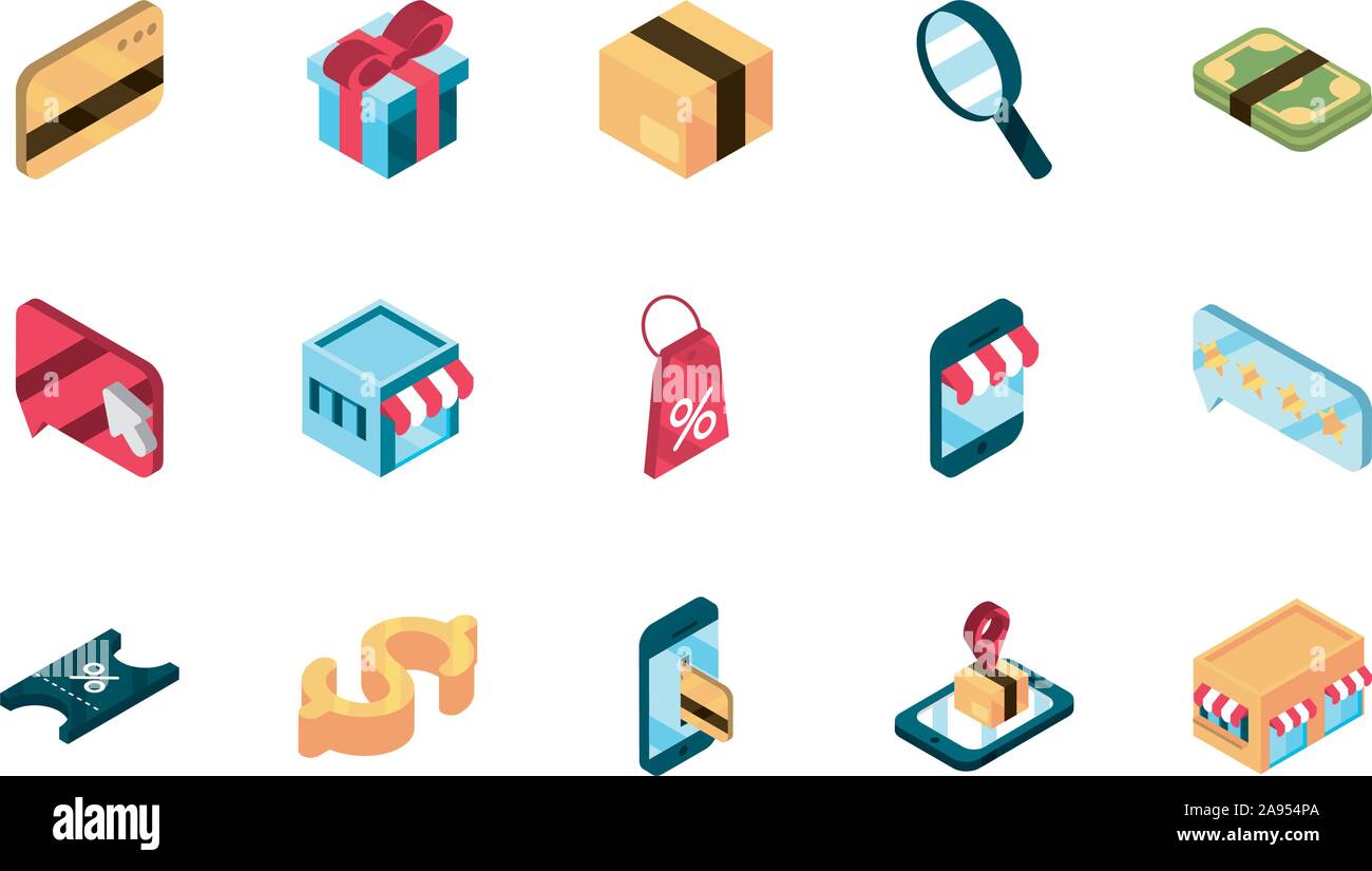 online shopping isometric icons collection vector illustration Stock ...