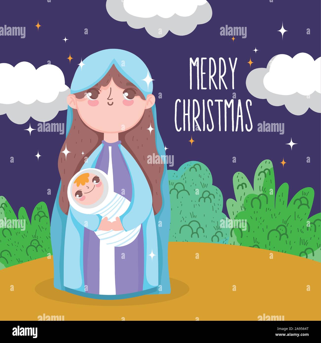 holy mary carrying baby jesus manger nativity, merry christmas vector ...