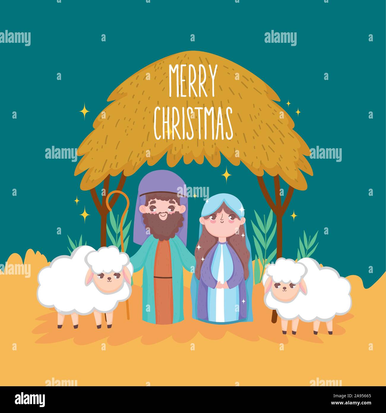 Mary Joseph With Sheeps Hut Manger Nativity Merry Christmas Vector Illustration Stock Vector 3691
