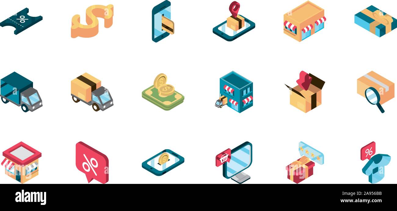 online shopping isometric icons collection vector illustration Stock ...