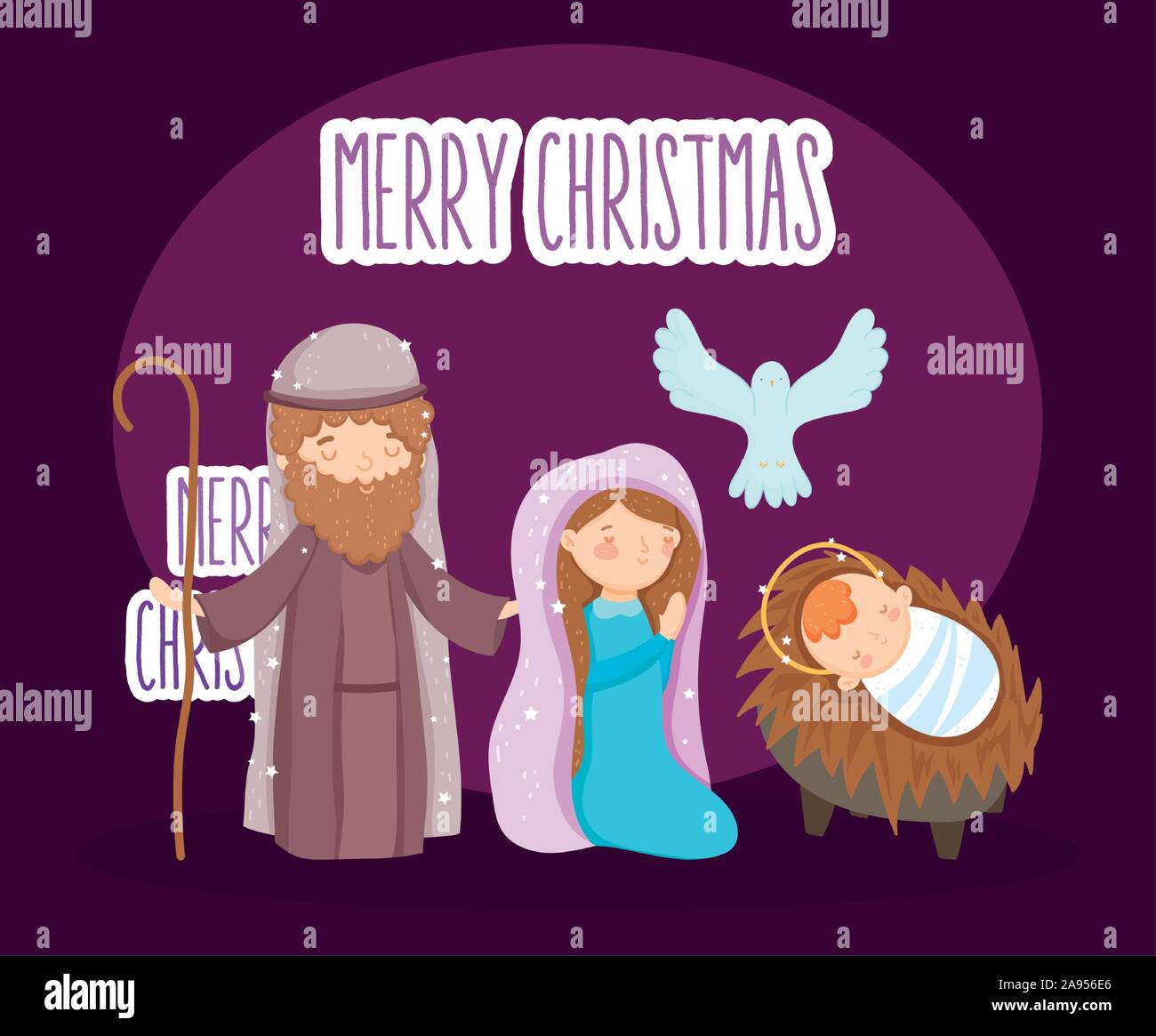 mary joseph baby and pigeon manger nativity, merry christmas vector ...