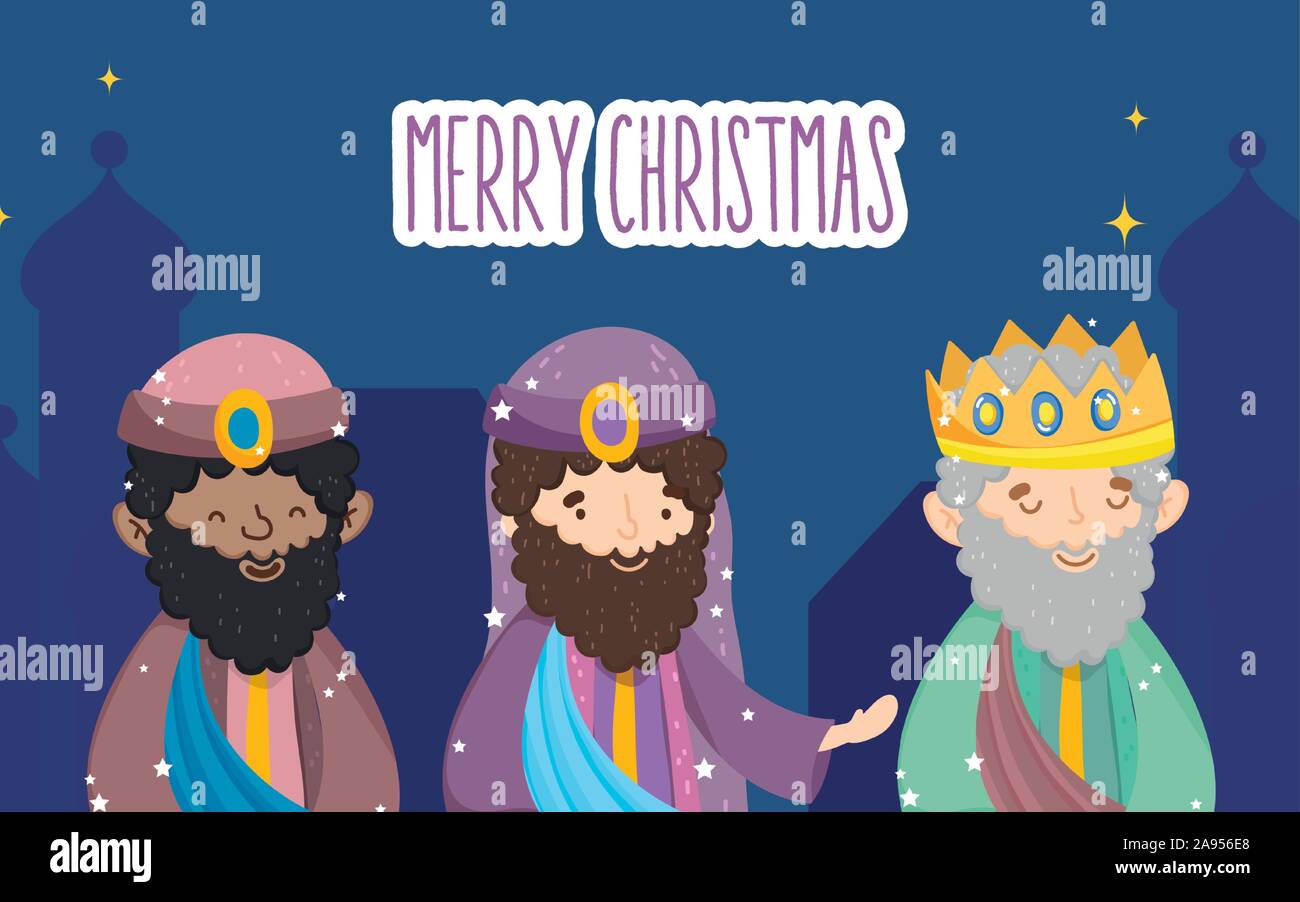 three wise characters manger nativity, merry christmas vector illustration Stock Vector
