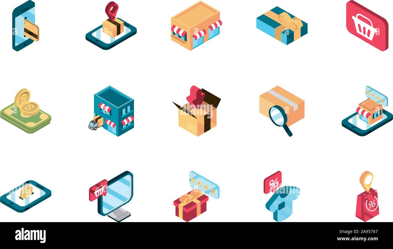 online shopping isometric icons collection vector illustration Stock ...