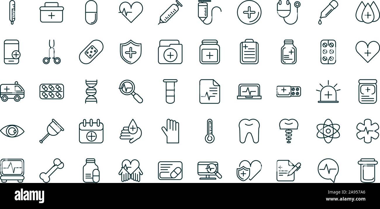 healthcare equipment medical icons set line fill vector illustration ...