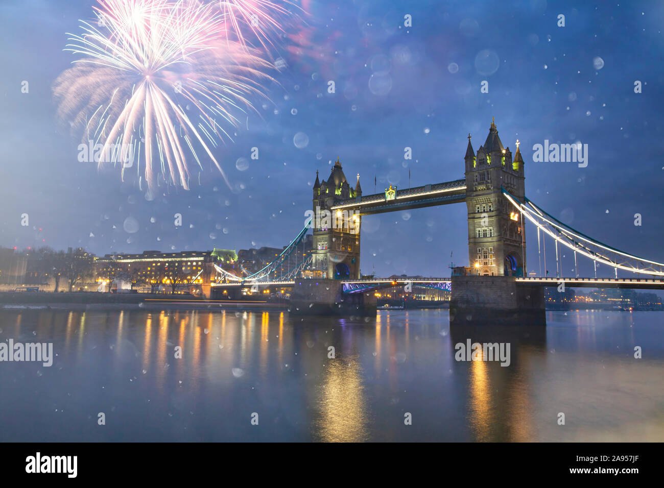 Celebratory fireworks over Tower Bridge - New Year destination. London. UK Stock Photo