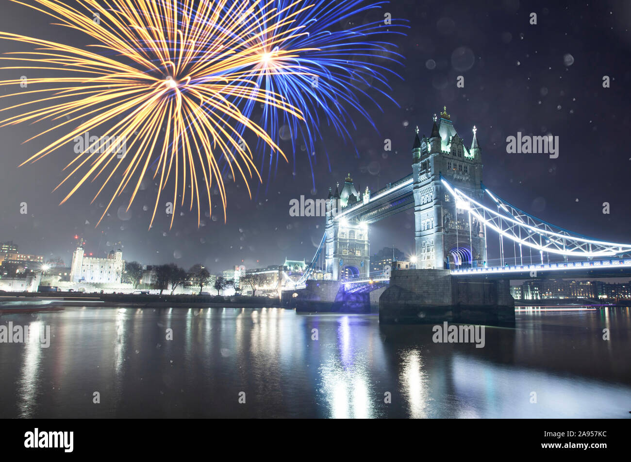 Celebratory fireworks over Tower Bridge - New Year destination. London. UK Stock Photo