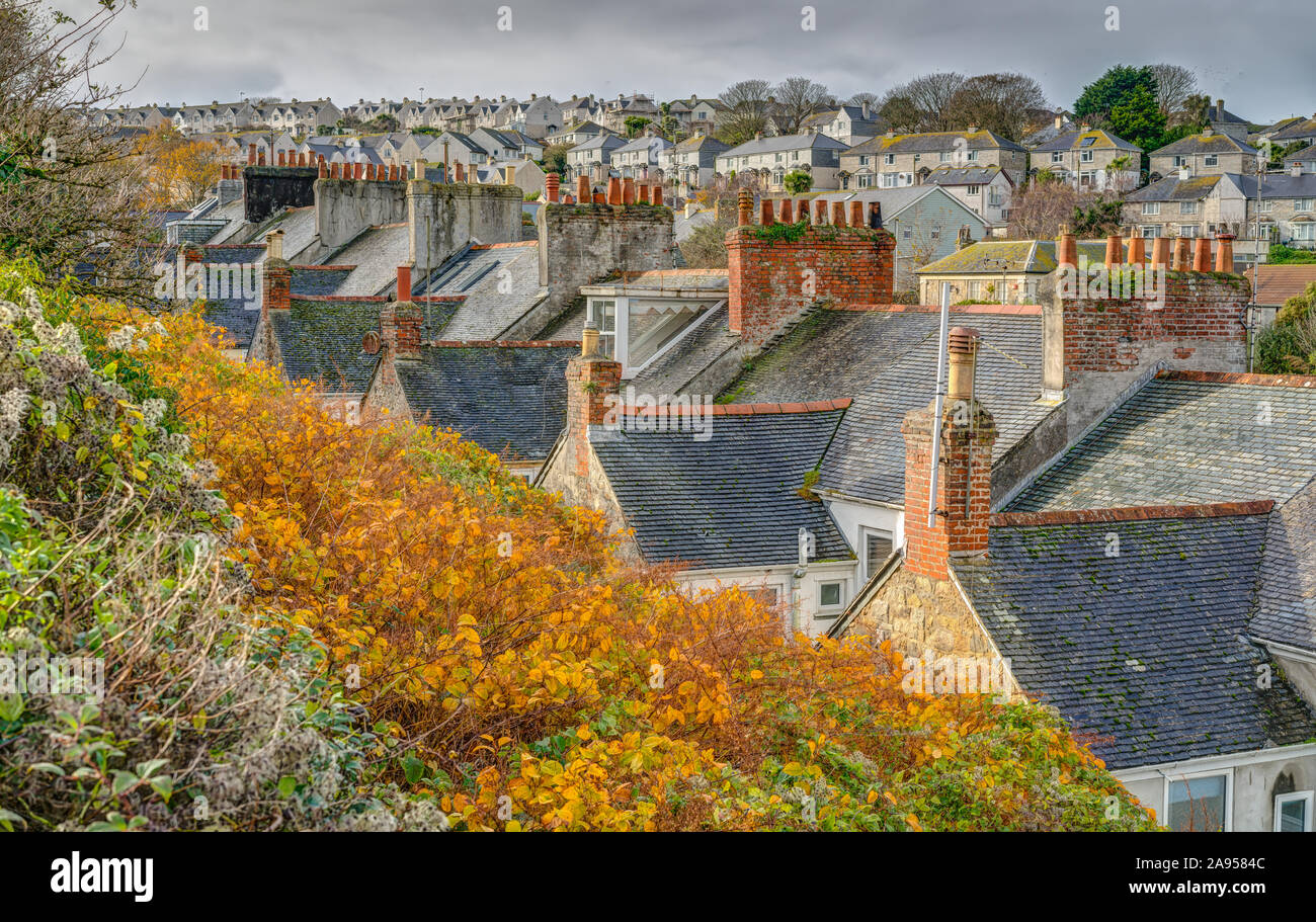 An interesting composition of diagonal strips of autumn colour and rows of suburban housing highlighting there rooves with assorted colourful chimneys Stock Photo