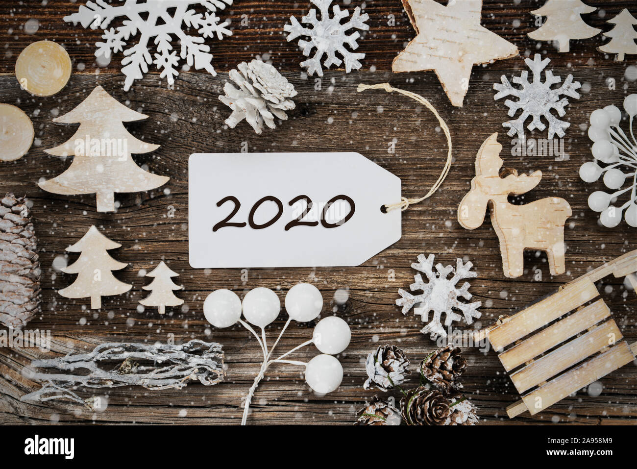Label, Frame Of Christmas Decoration, Text 2020, Snowflakes Stock Photo