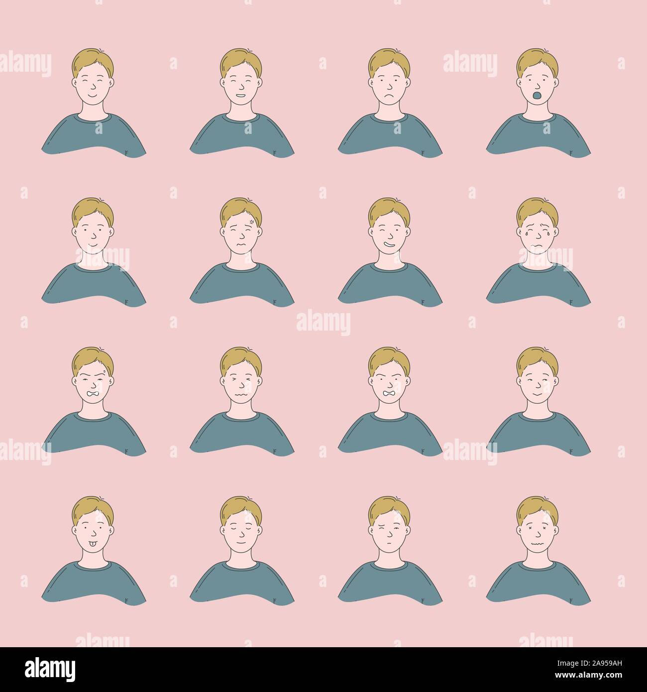 Young man with different facial expressions.Young boy smiling, happy, kind, unhappy face character.Set of man emotions.Facial expression.Lifestyle con Stock Vector