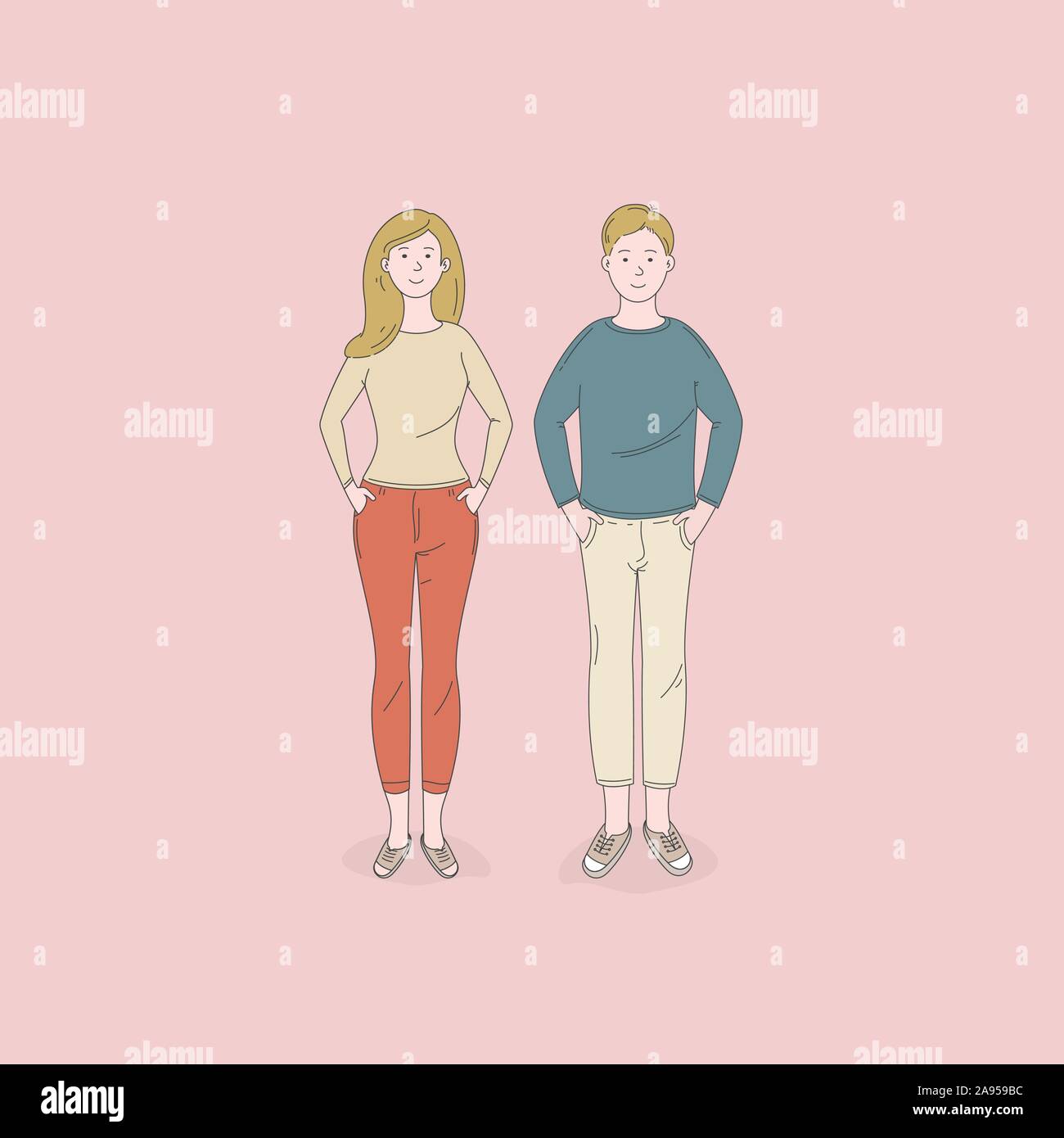Man and woman standing poses isolated on background.Lifestyle concepts.Vector design illustrations. Stock Vector