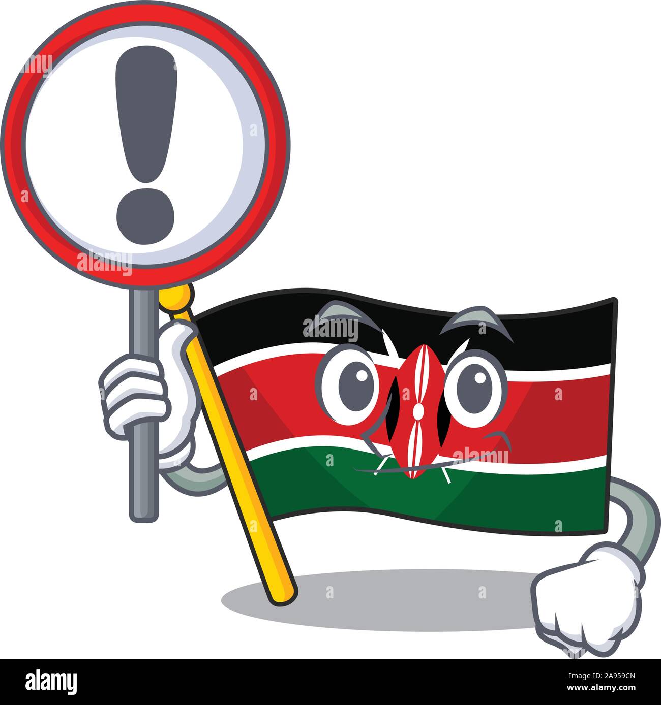 Flag kenya with sign warning cartoon with character happy Stock Vector