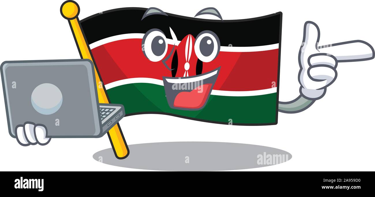 Flag kenya with bring laptop cartoon with character happy Stock Vector