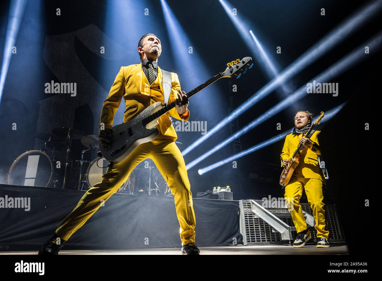 Copenhagen, Denmark. 12th Nov, 2019. The American hard rock band Shinedown  performs a live concert at KB Hallen in Copenhagen. Here bass player Eric  Bass is seen live on stage. (Photo Credit: