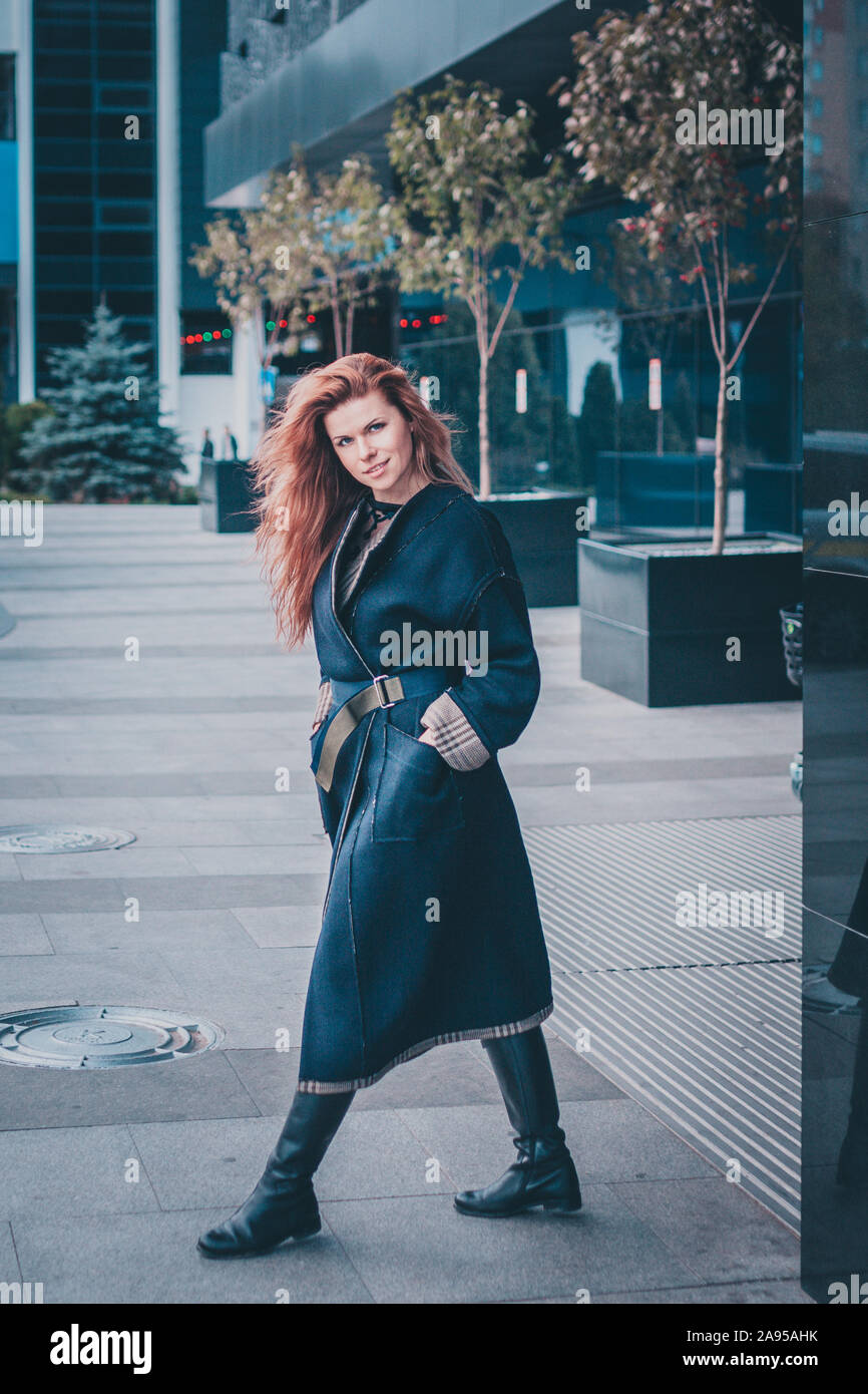 Elegant Cheerful Attractive Girl With Long Thick Red Hair In The