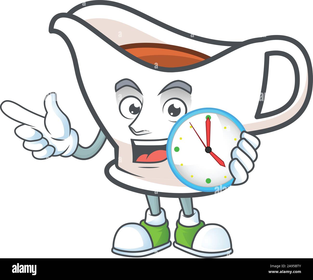 Cartoon gravy boat in the mascot with bring clock Stock Vector Image