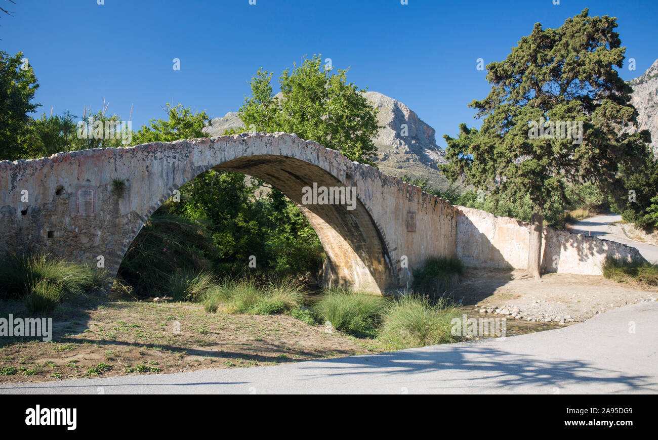 Preveli, Rethymno, Crete, Greece. Ancient stone bridge over the Megalopotamos River. Stock Photo