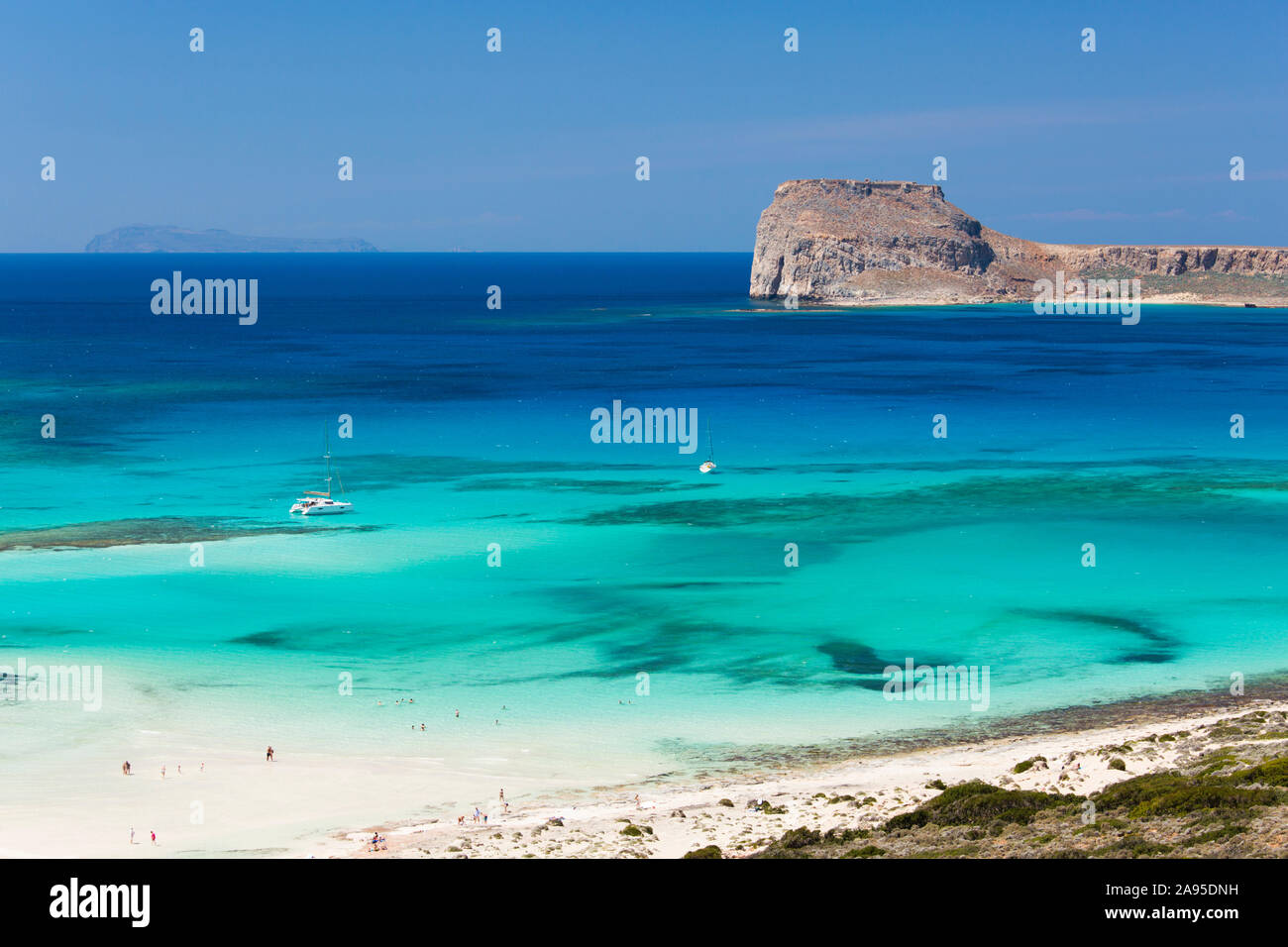 Balos, Chania, Crete, Greece. View over the clear turquoise waters of Gramvousa Bay from hillside above the beach. Stock Photo
