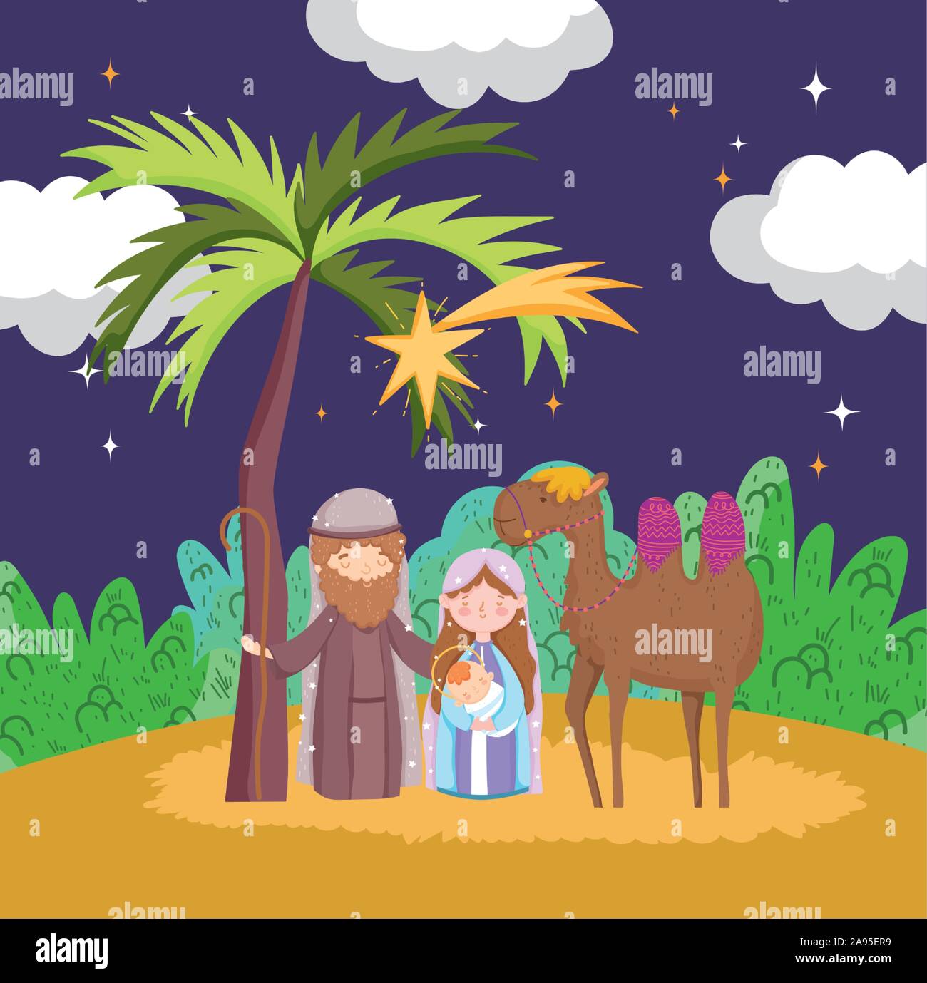 Joseph Mary Baby Jesus And Camel Night Desert Manger Nativity Merry Christmas Vector Illustration Stock Vector Image Art Alamy alamy