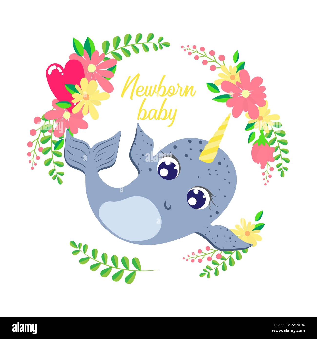 Baby Shower Greeting Or Invitation Card With Newborn Baby Cute Animal Newborn Invitation Card With Cute Narwhal Character In Flower Border Whreath Stock Vector Image Art Alamy