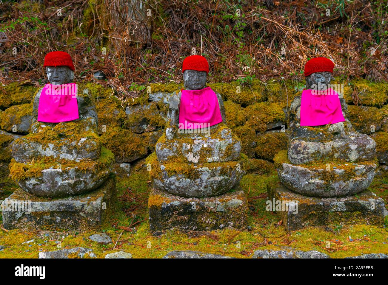 Jizo statues with red caps, protective deities for deceased children