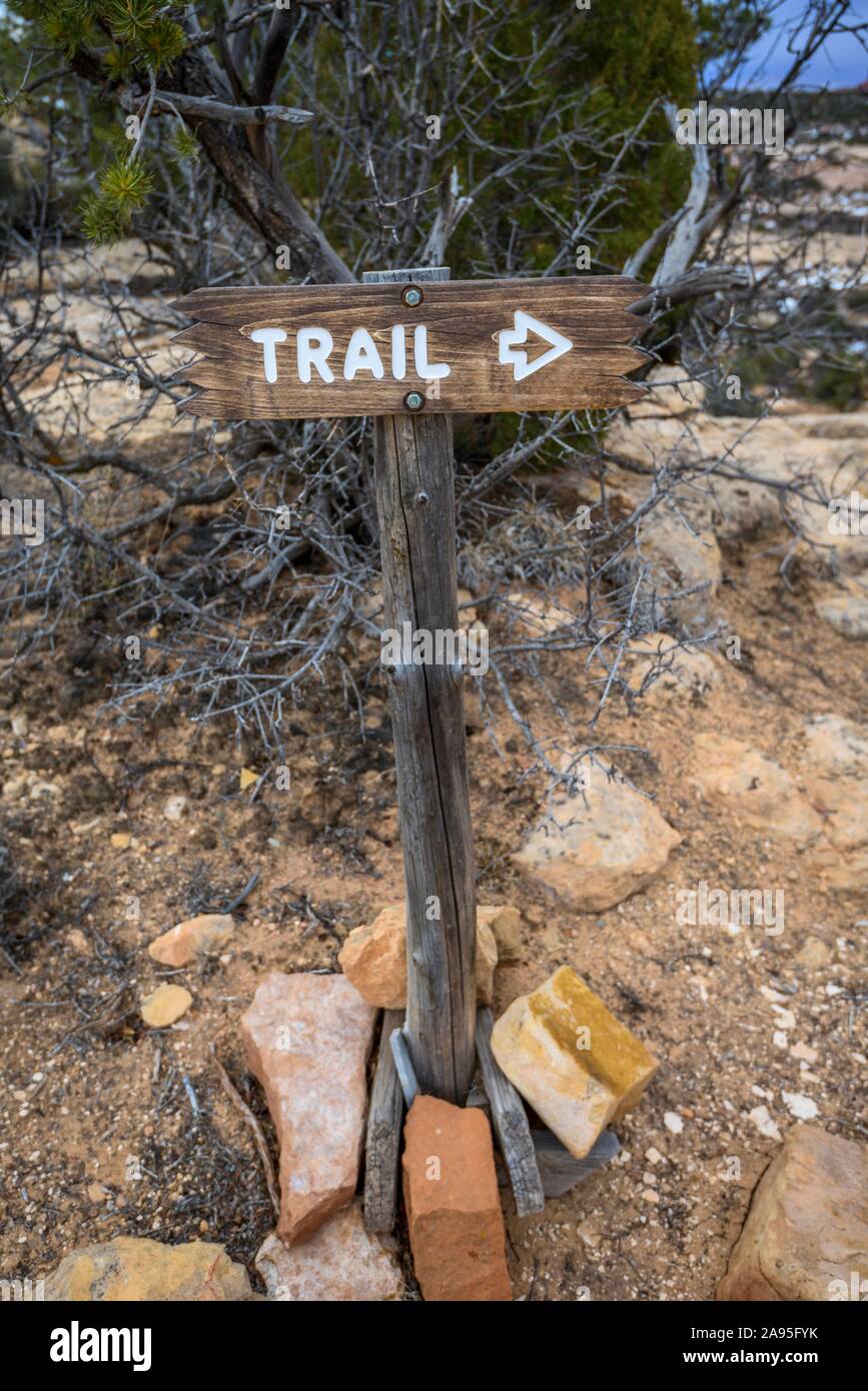 Signpost, Direction sign, Hiking trail, Trail, Natural Bridges National Monument, Utah, USA Stock Photo