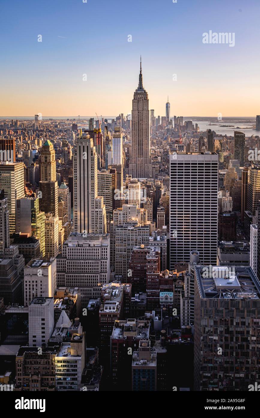 View of Midtown and Downtown Manhattan and Empire State Building from Top of the Rock Observation Center, Rockefeller Center, Manhattan, New York Stock Photo