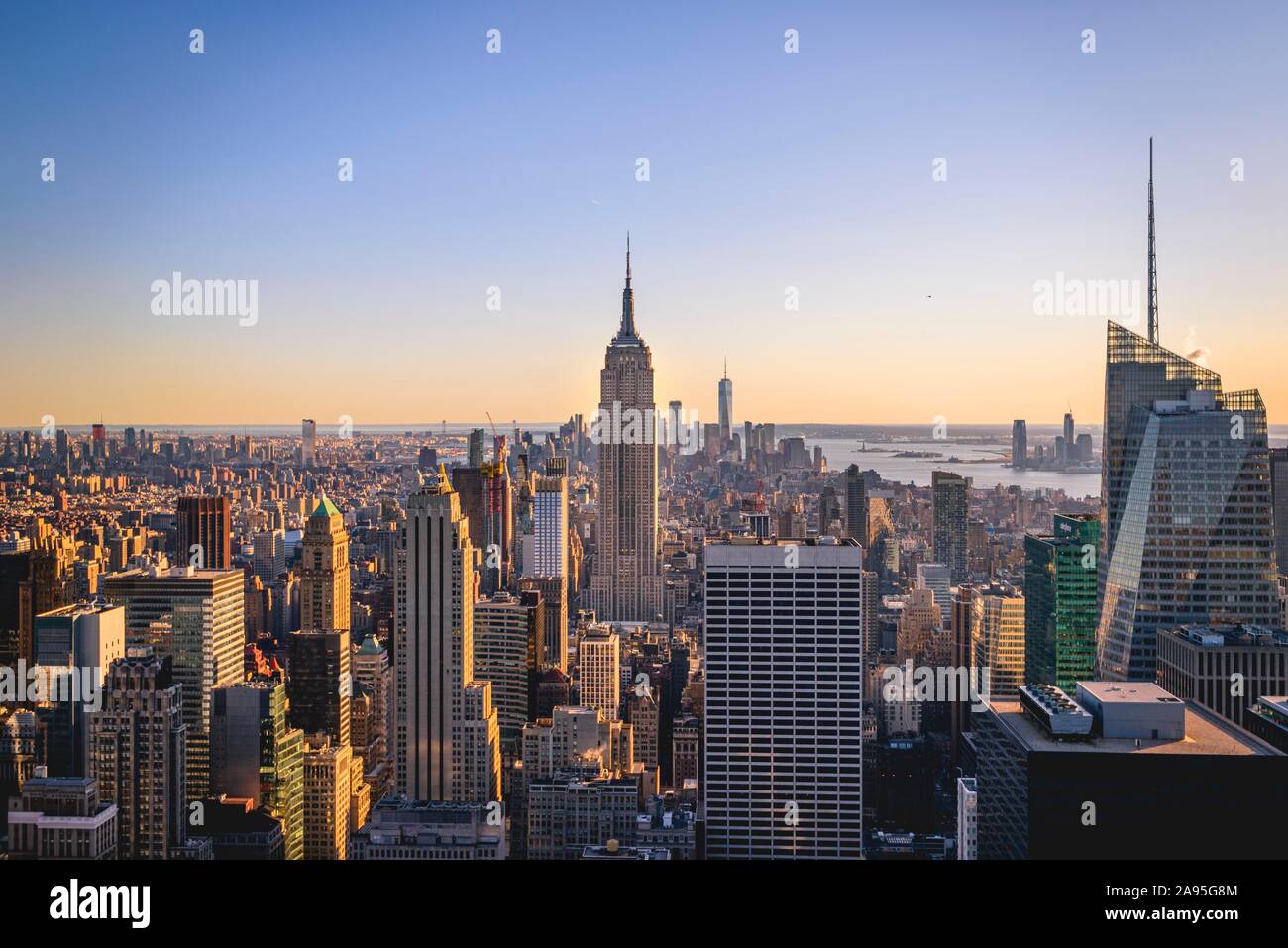 View of Midtown and Downtown Manhattan and Empire State Building from Top of the Rock Observation Center, Rockefeller Center, Manhattan, New York Stock Photo