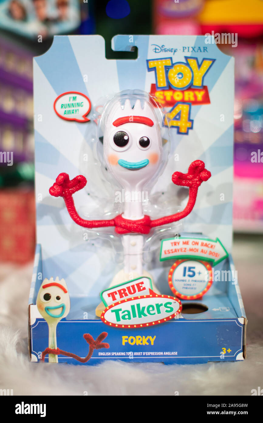 A Toy Story 4 True Talkers Forky toy by Mattel, which was named in the top 12 to buy during the unveiling of the annual DreamToys list at St Mary's Church in Marylebone, London. Stock Photo