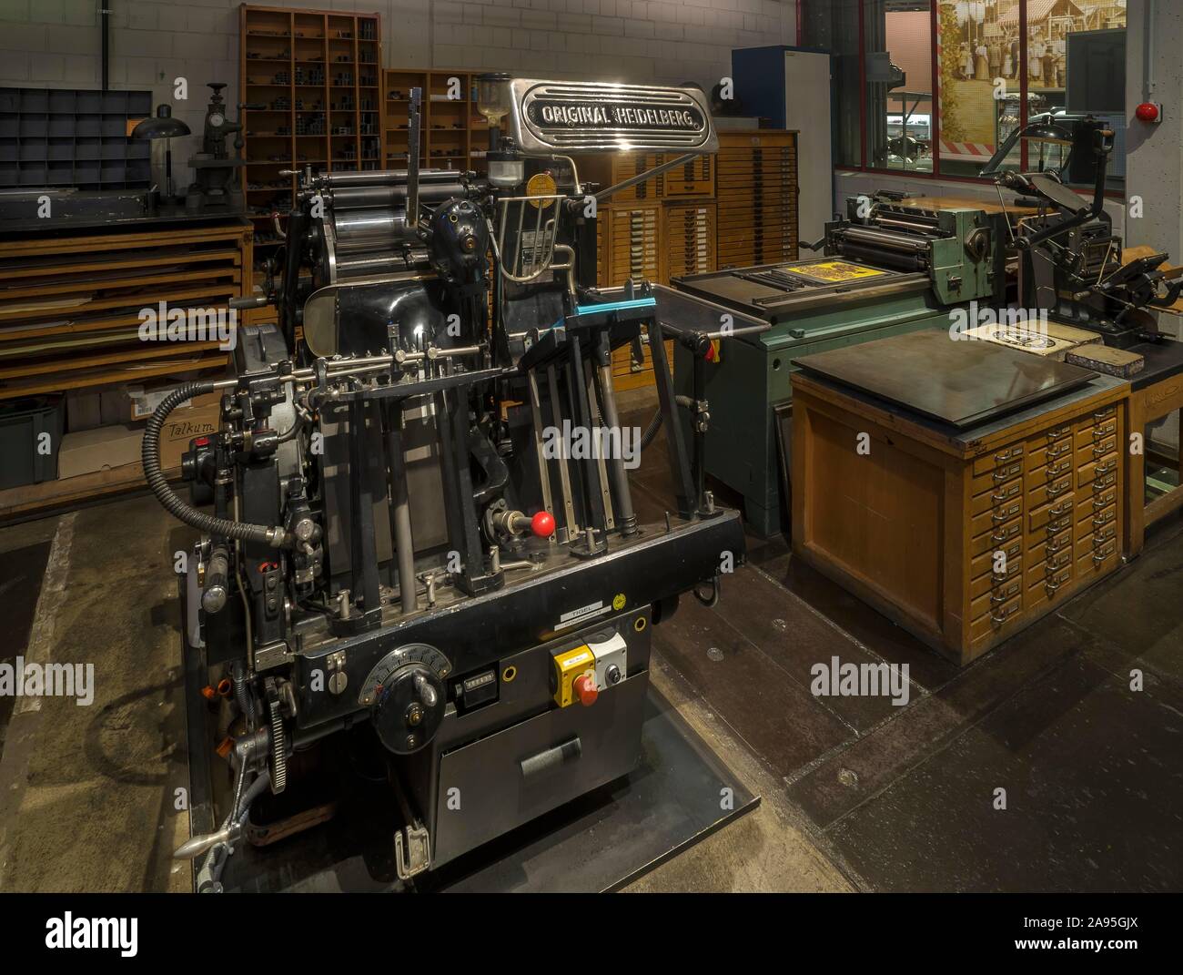 Historical original Heidelberg printing machine from 1950, Museum Industrial Culture, Nuremberg, Middle Franconia, Bavaria, Germany Stock Photo