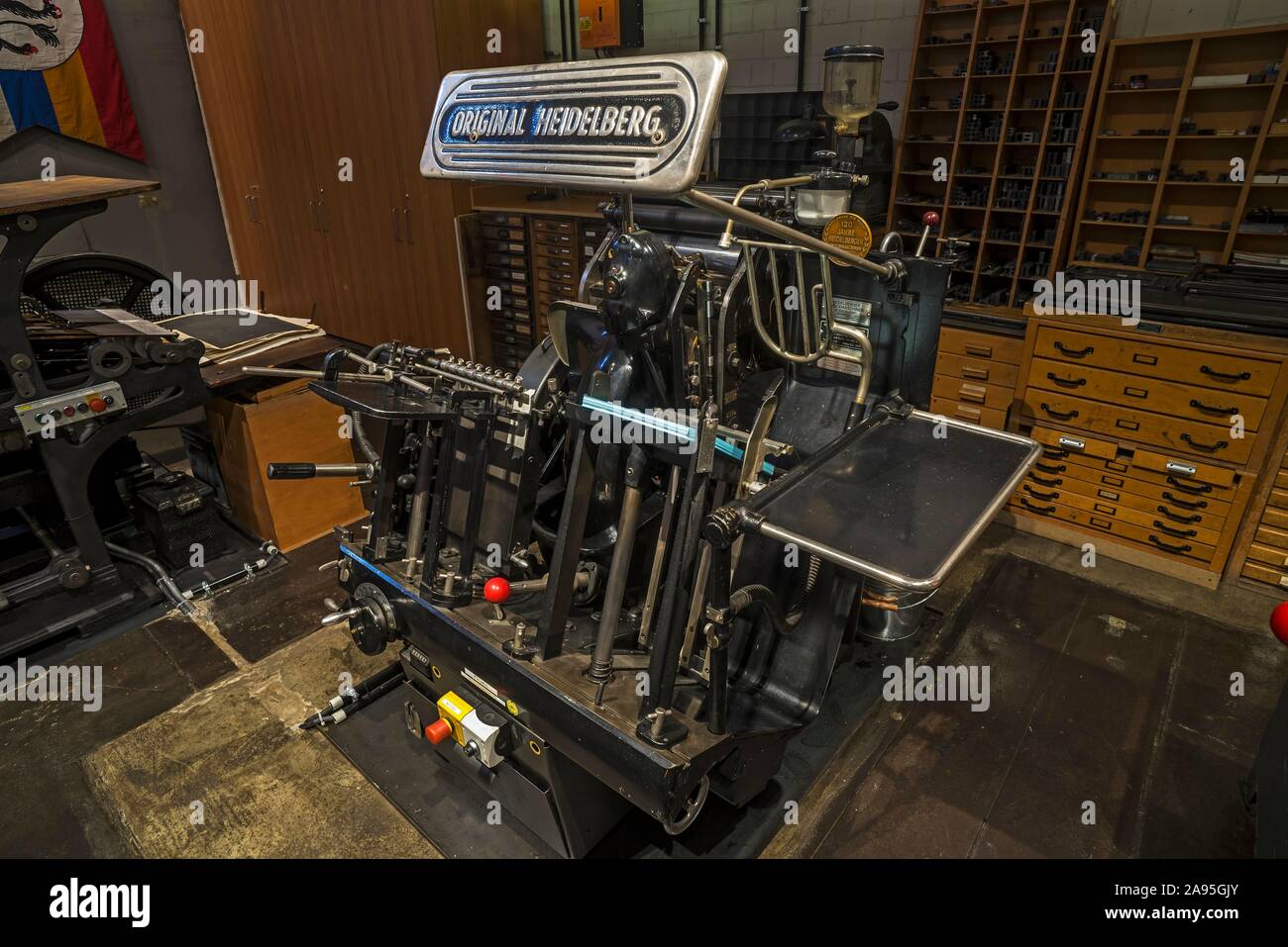 Historical original Heidelberg printing machine from 1950, Museum Industrial Culture, Nuremberg, Middle Franconia, Bavaria, Germany Stock Photo