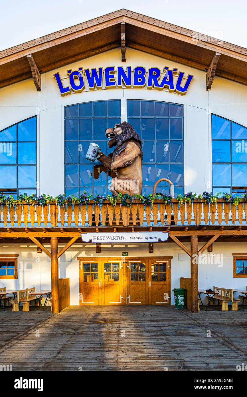 Lowenbrau festival tent, Oktoberfest, Theresienwiese, Munich, Upper Bavaria, Bavaria, Germany Stock Photo