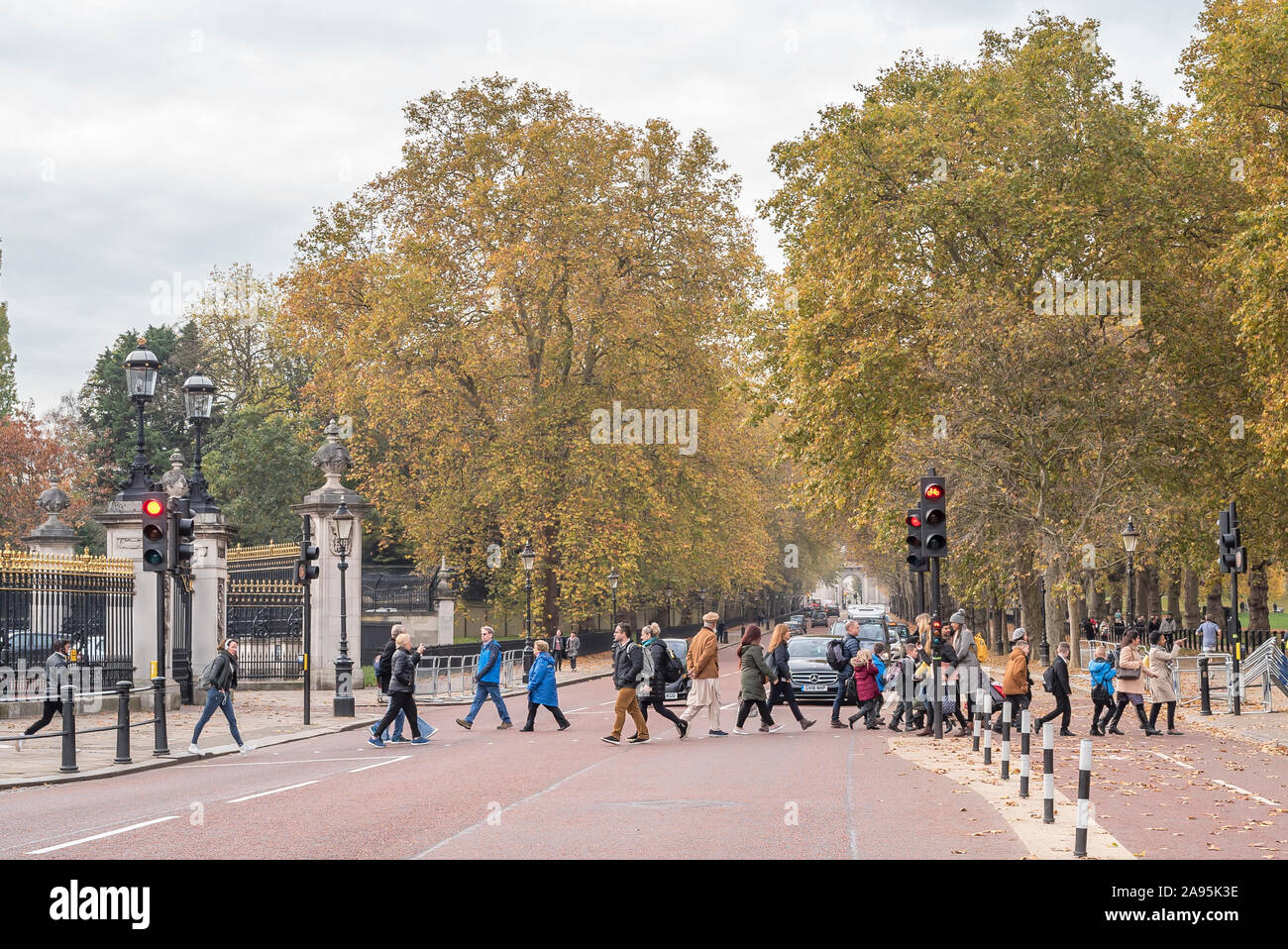 Pedestrians crossing Constitution Hill road, outside Buckingham Palace in central London, as traffic stops at red traffic light signal. Stock Photo