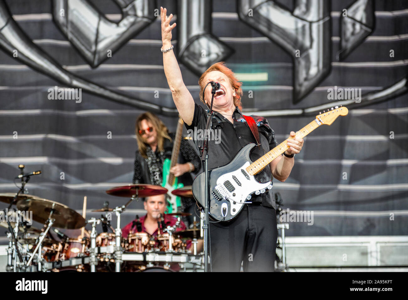 Solvesborg, Sweden. 08th, June 2019. The American rock band Styx performs a live concert during the Swedish music festival Sweden Rock Festival 2019. Here guitarist James Young is seen live on stage. (Photo credit: Gonzales Photo - Terje Dokken). Stock Photo