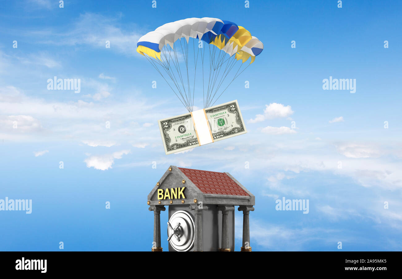 5 Paper Euro bills stack is flying over a bank while hanging on to a parachute and flying over blue sky. Business and finance concept designed with pa Stock Photo