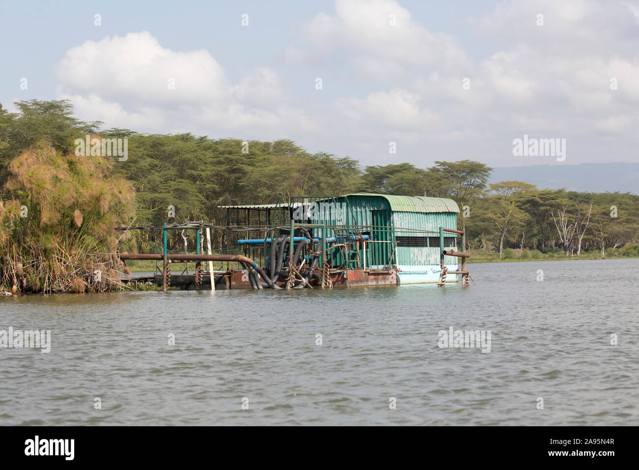 Pumping station, drawing water from lake to flower farms, Lake Naivasha, Kenya Stock Photo