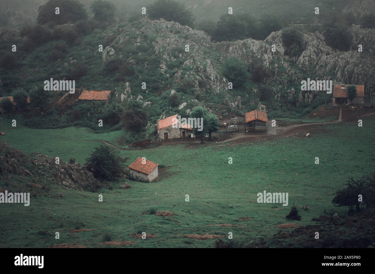 Foggy landscape in Cangas de Onís, Asturias, Spain. From the bus going
