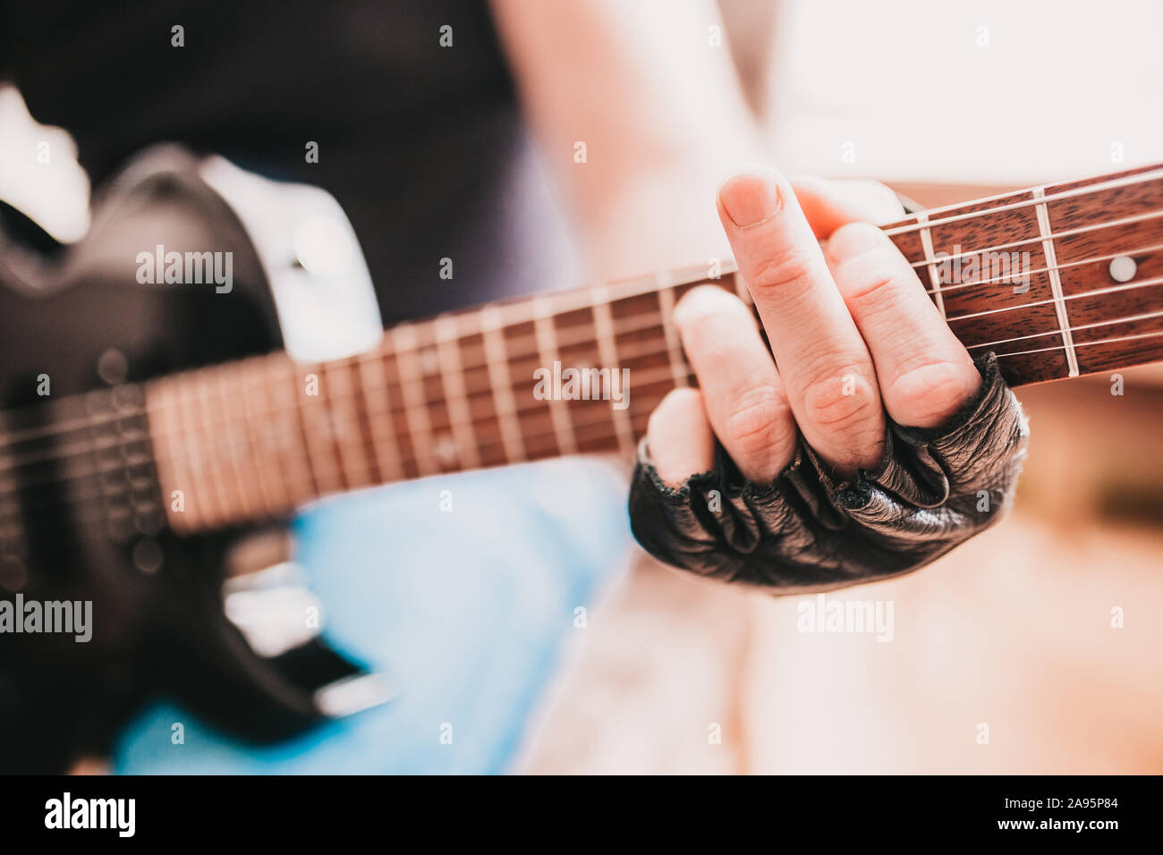 Heavy metal riffs on electric guitar - rehearsal before the concert Stock Photo