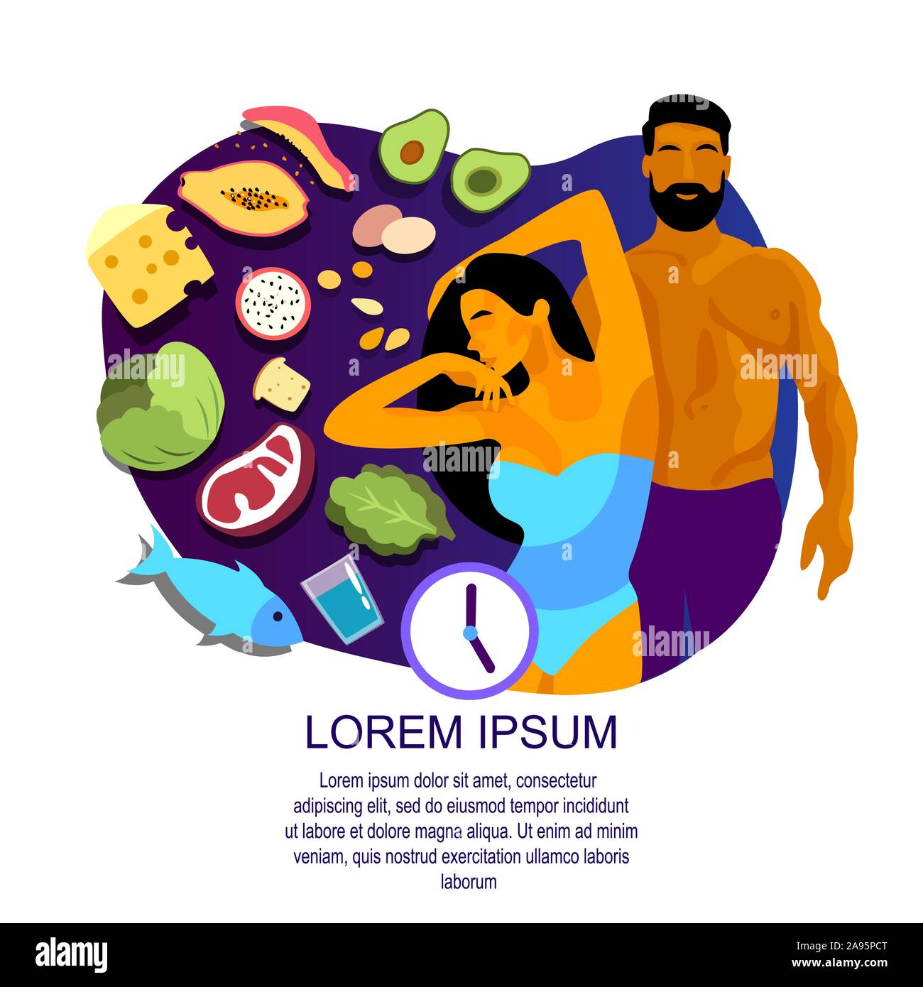 Intermittent Fasting and Sport concept. Young Athletic Muscular Healthy  couple man woman, nutrient-enriched food eating. Lose weight, lifestyle,  fitne Stock Vector Image & Art - Alamy