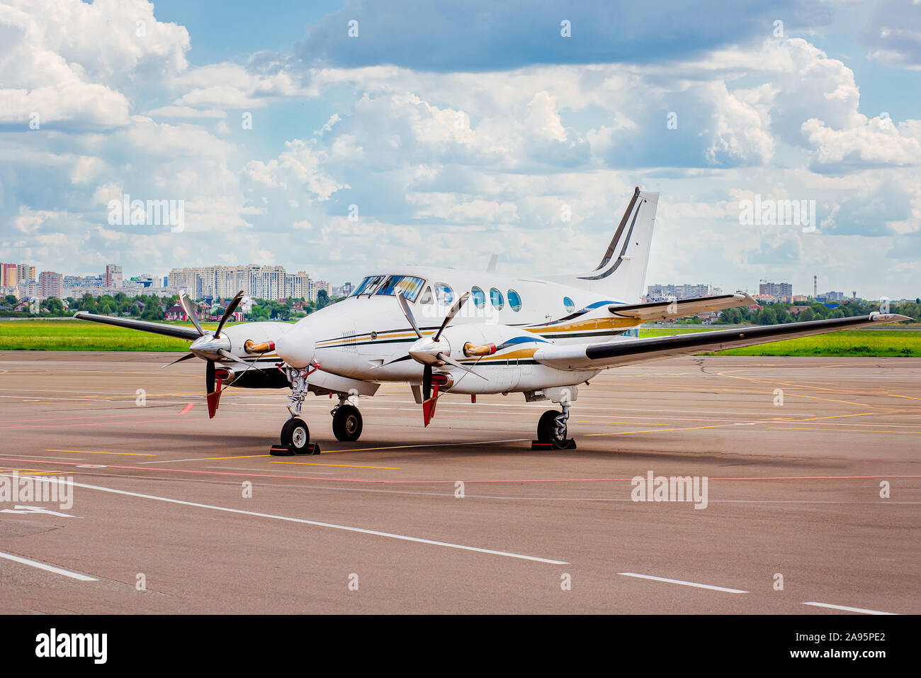 Private jet on the runway. Jet airplane stop for wait VIP passenger on