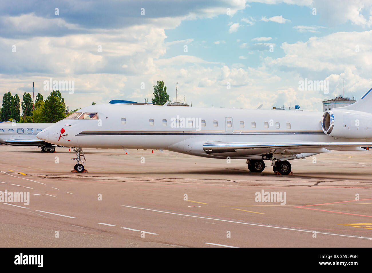 Private jet on the runway. Jet airplane stop for wait VIP passenger on