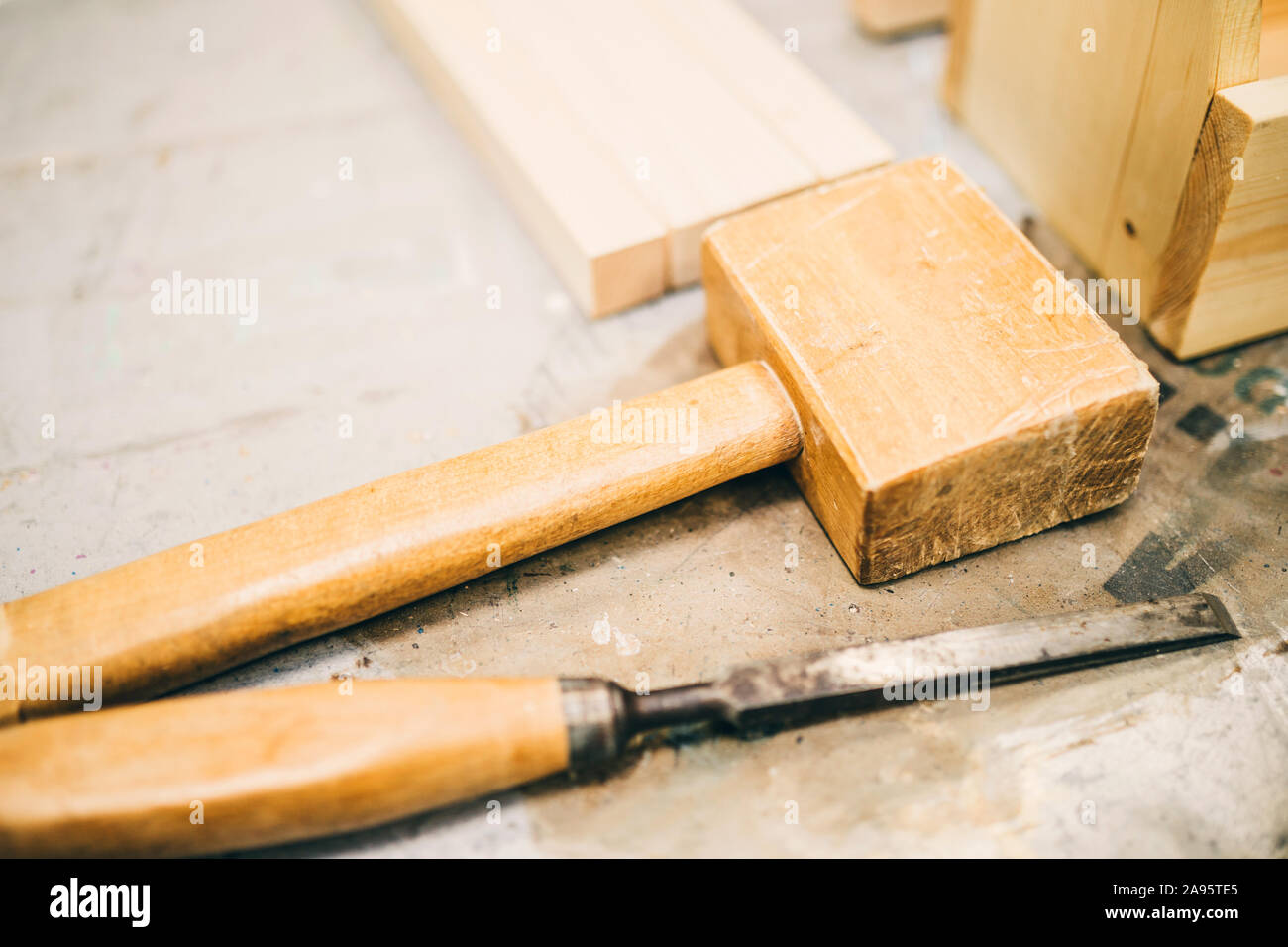 Carpentry wooden mallet and chisel carpenter tools Stock