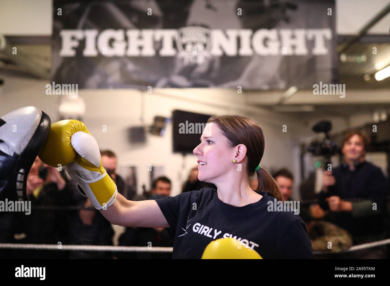 Liberal Democrats leader Jo Swinson sparring in the boxing ring at Total  Boxer, a specialised boxing gym which offers training to young people as a  means of keeping them away from violence,
