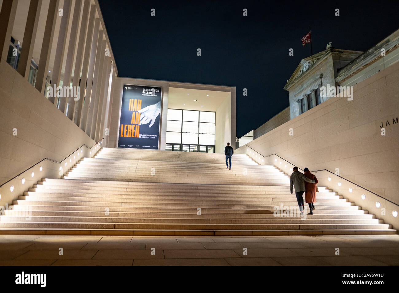 Night view of exterior of James Simon Galerie at Museum Island , Museumsinsel in Mitte Berlin, Germany, Architect David Chipperfield. Stock Photo